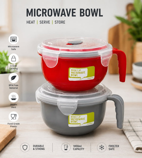 1000ml Microwave Food Bowl with Handle & Locking Lid | BPA Free Food Storage Bowl | Bundle of 6