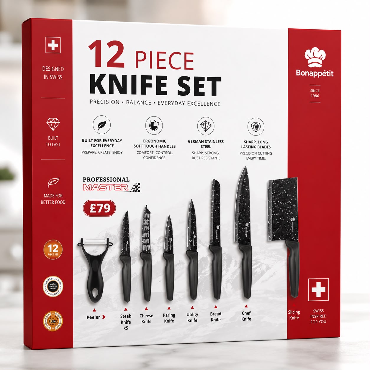 Bonappétit 12 Piece Kitchen Knife Set | German Stainless Steel | Black | Complete Kitchen Set