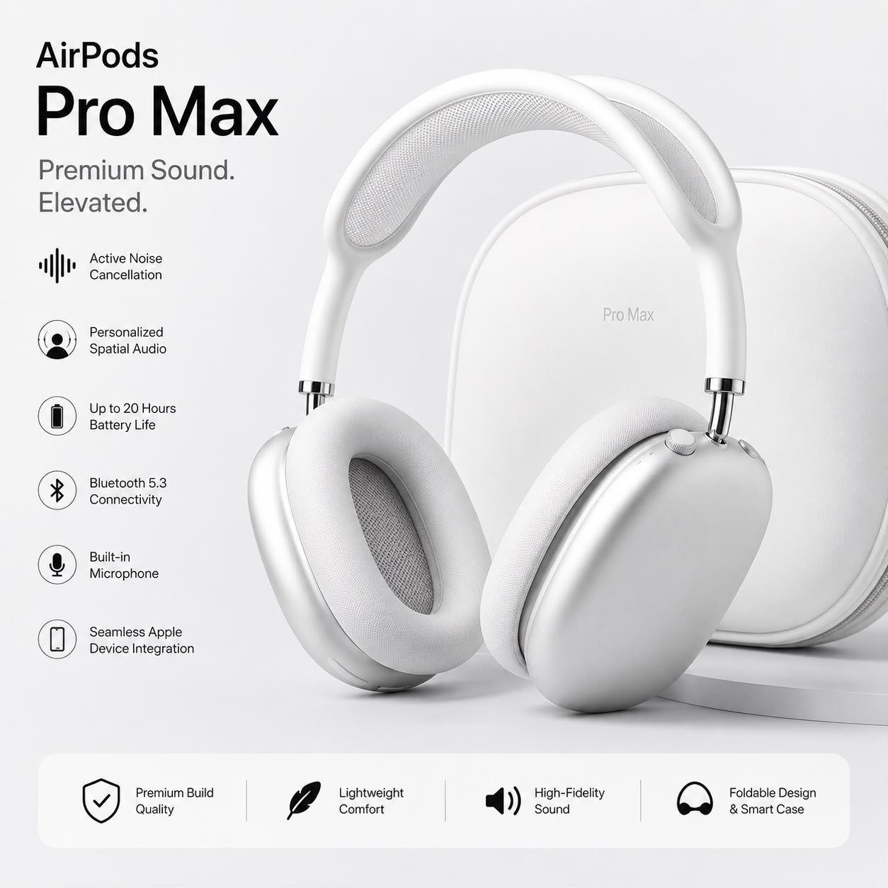 Wireless Pro Max Over-Ear Bluetooth Headphones | Active Noise Cancellation | Black & White