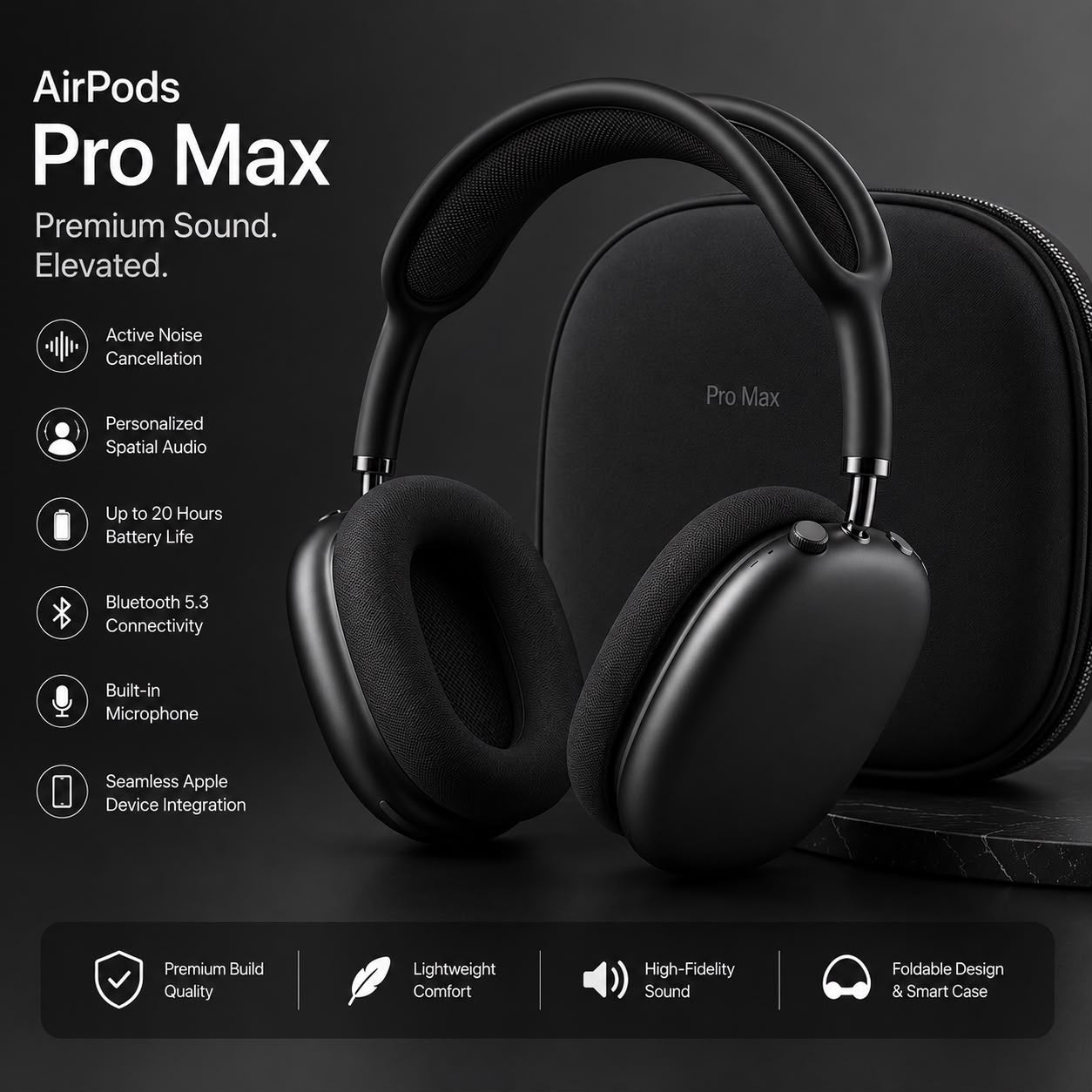 Wireless Pro Max Over-Ear Bluetooth Headphones | Active Noise Cancellation | Black & White