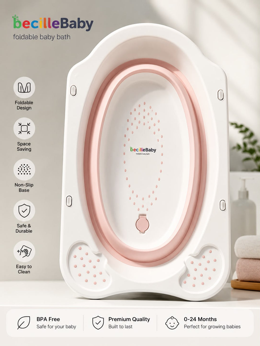 Foldable Baby Bath Tub | BPA Free | Non-Slip | Space Saving | Pink & Grey