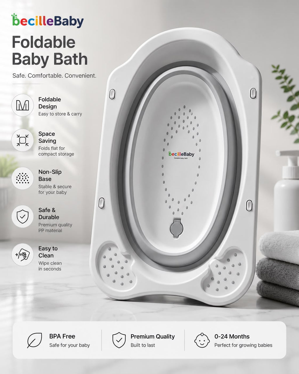 Foldable Baby Bath Tub | BPA Free | Non-Slip | Space Saving | Pink & Grey