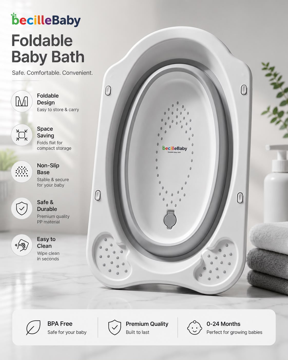 Foldable Baby Bath Tub | BPA Free | Non-Slip | Space Saving | Pink & Grey