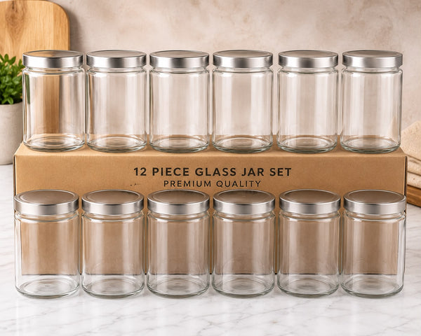 12 Piece Glass Storage Jar Set | Airtight Metal Lids | Kitchen Storage Canisters