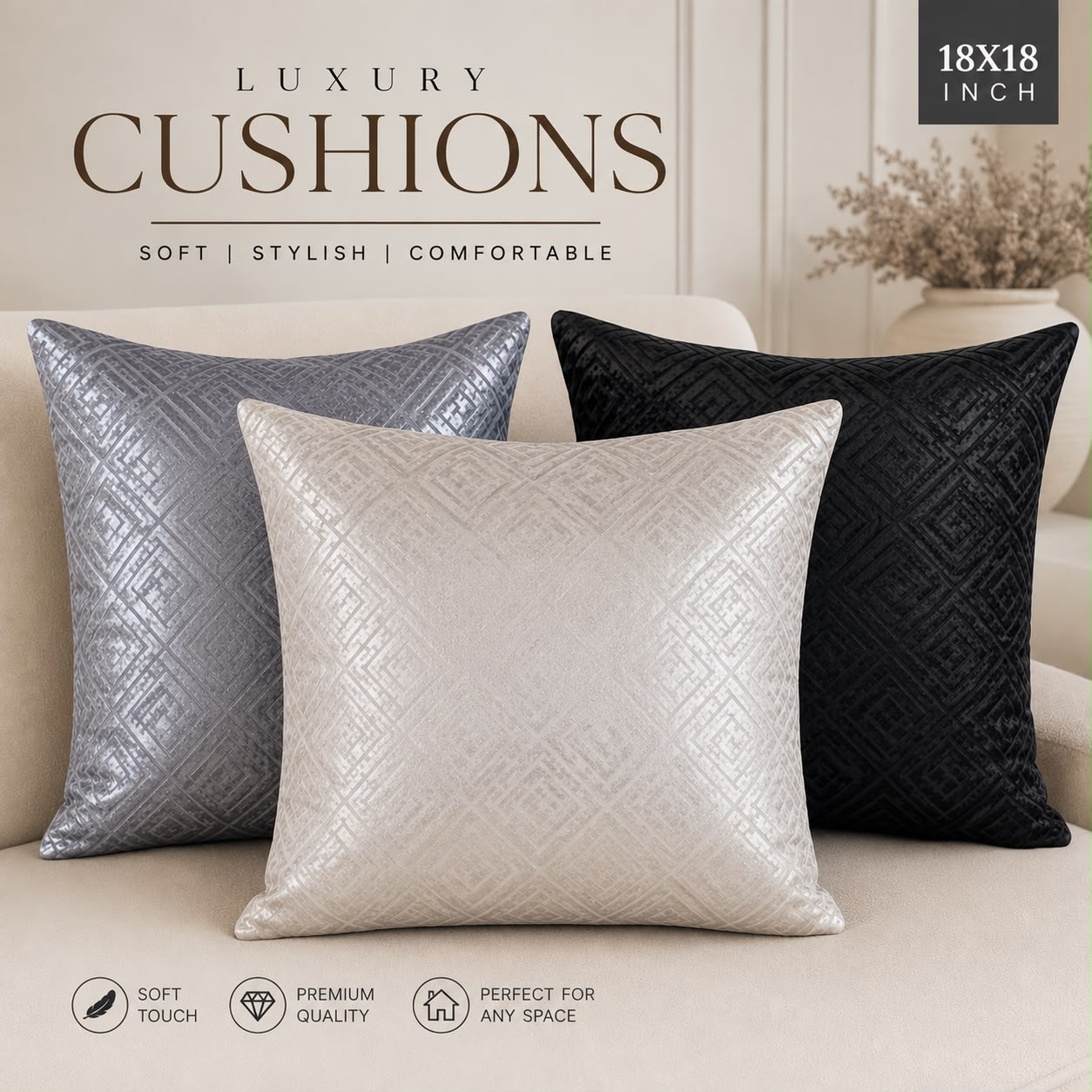 Luxury Filled Cushion | Soft Decorative Cushion | Available in 18x18" & 26x26" | 3 Colours