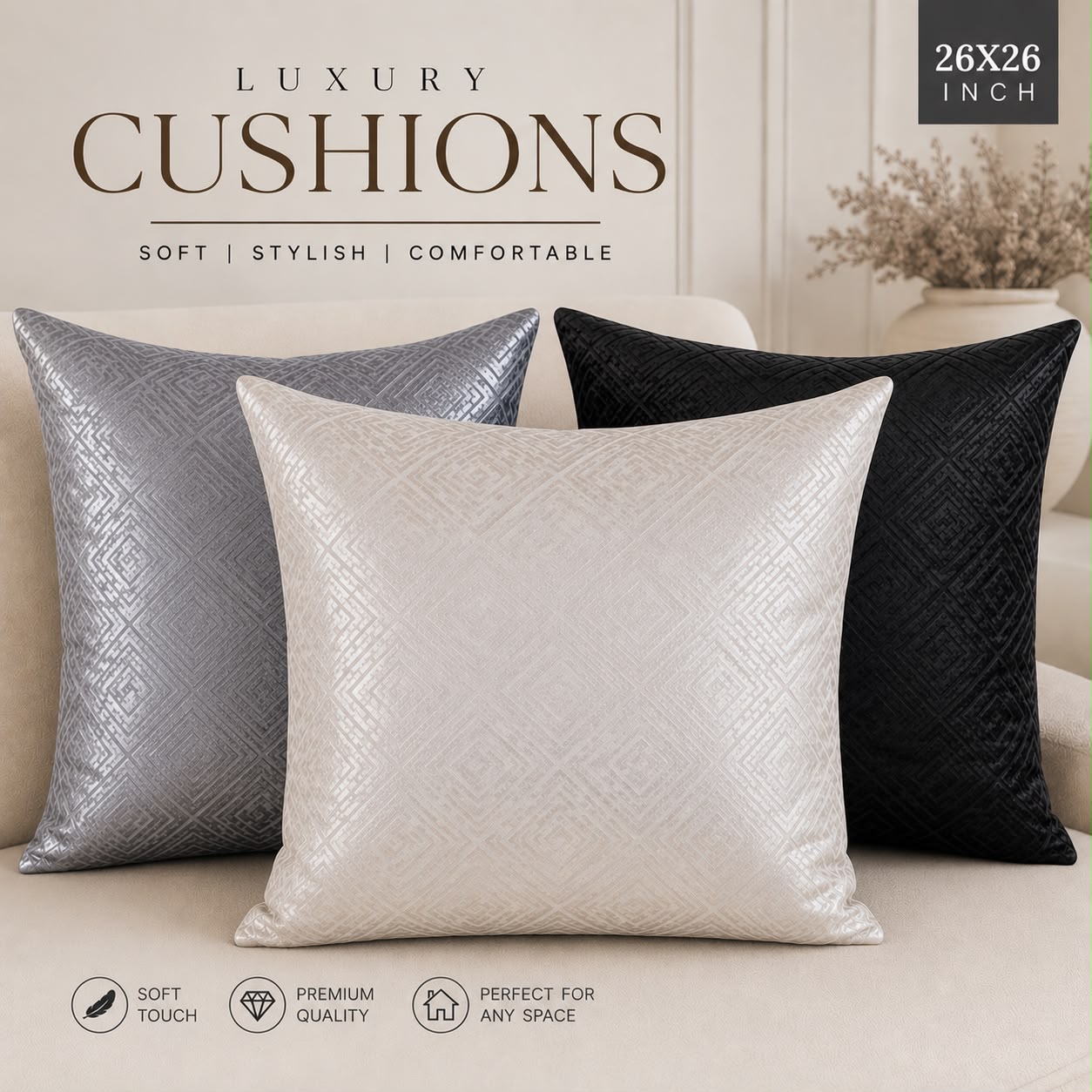 Luxury Filled Cushion | Soft Decorative Cushion | Available in 18x18" & 26x26" | 3 Colours