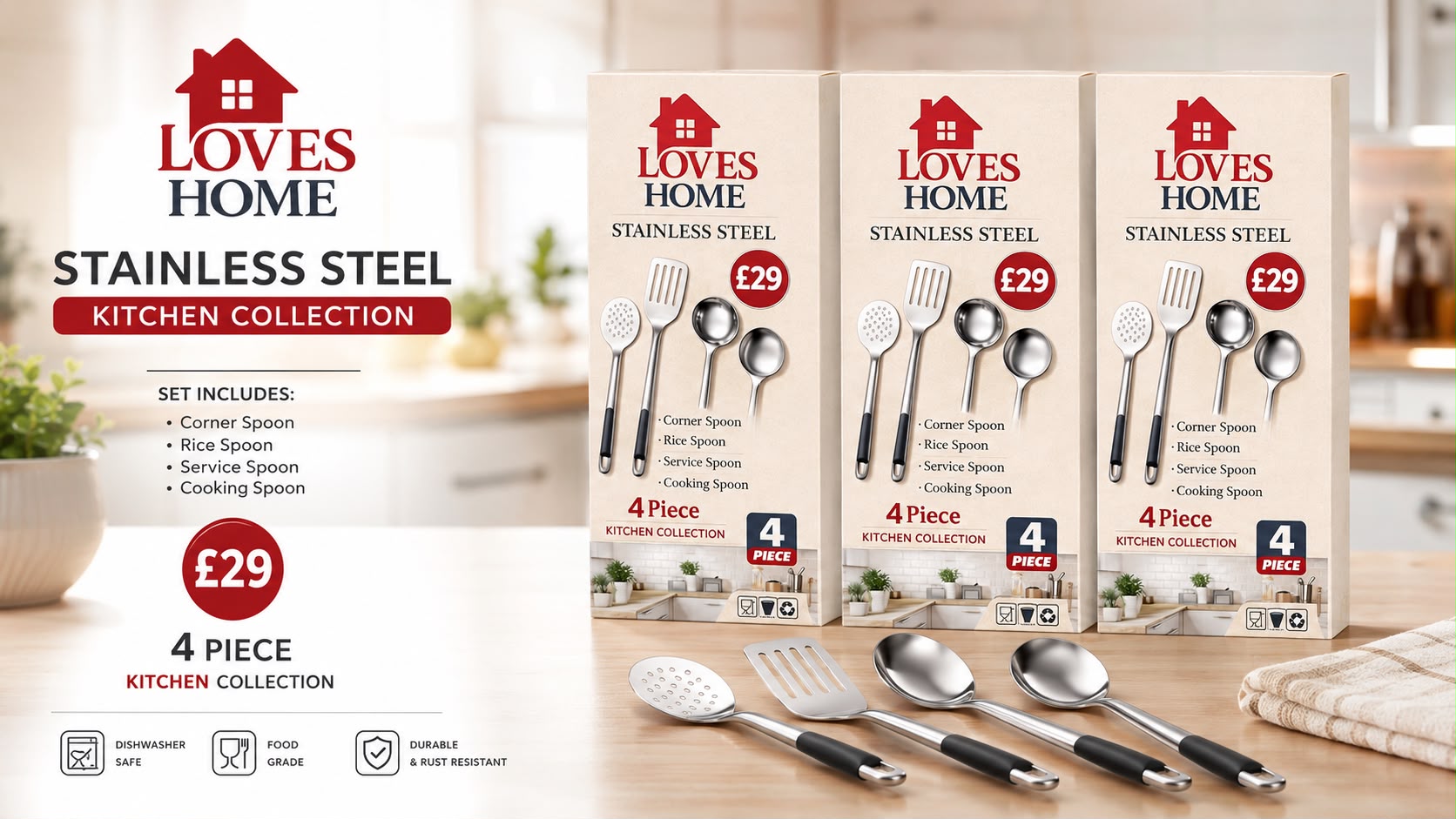 4 Piece Stainless Steel Kitchen Utensil Set | Stainless Steel Cooking Spoon Set | Heat Resistant | Dishwasher Safe