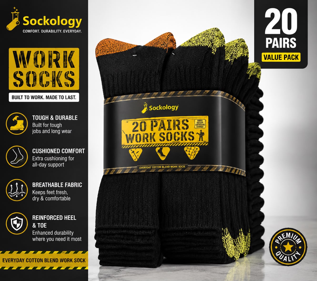 20 Pairs Heavy Duty Work Socks | Cushioned Cotton Blend | Reinforced Heel & Toe | UK Sizes
