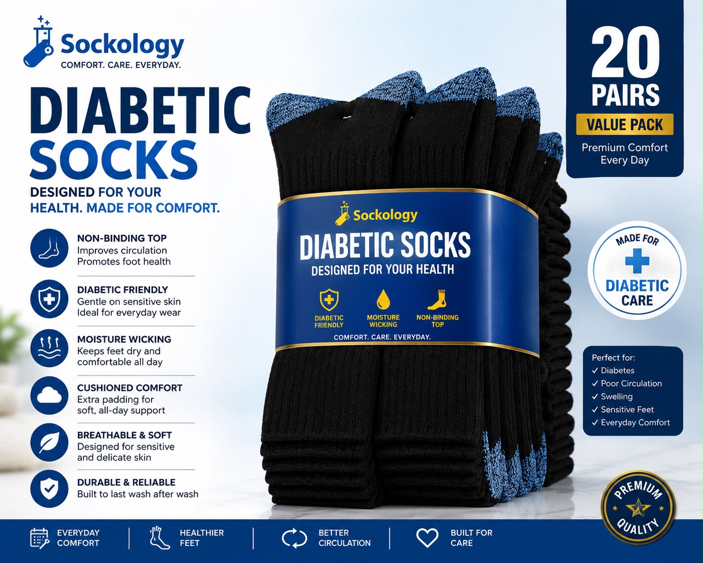 20 Pairs Diabetic Socks | Non-Binding Cushioned Cotton Socks | Gentle Top | UK Sizes
