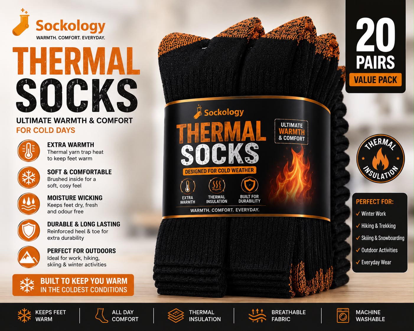 20 Pairs Thermal Socks | Heavy Duty Winter Warm Socks | Cushioned Thermal Insulated | UK Sizes