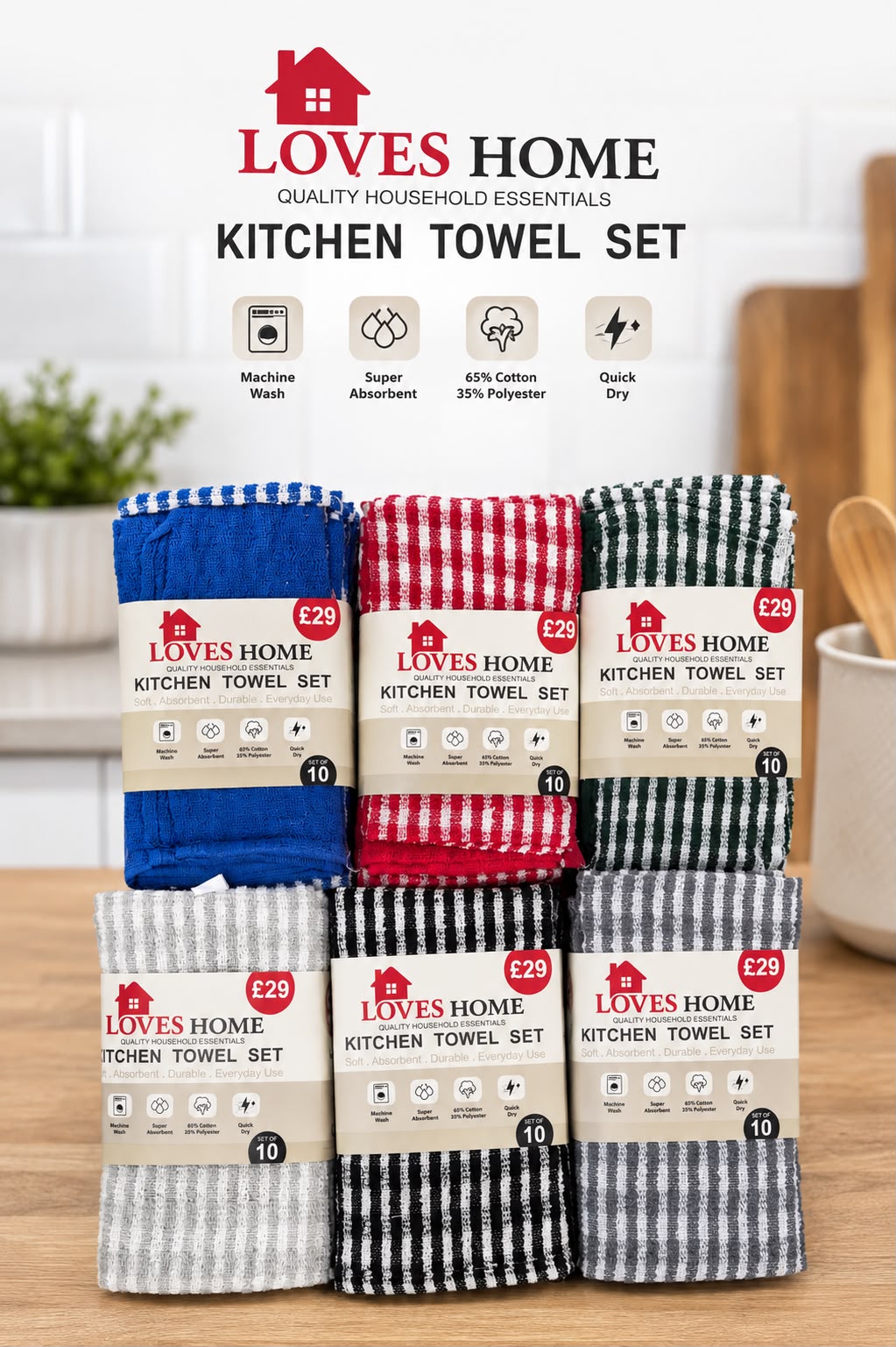 60 Piece Jumbo Kitchen Tea Towels Bundle | Super Absorbent Cotton Blend | Assorted Colours | Loves Home