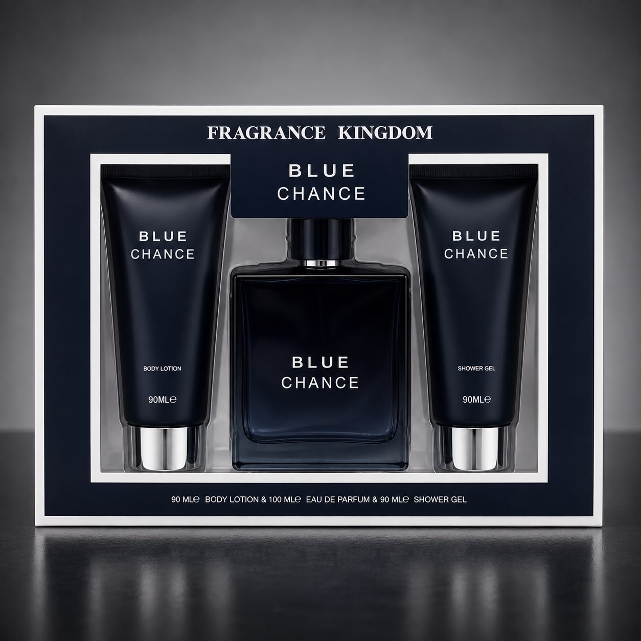 Blue Chance Men's 3 Piece Fragrance Gift Set | Eau De Parfum 100ml + Body Lotion 90ml + Shower Gel 90ml