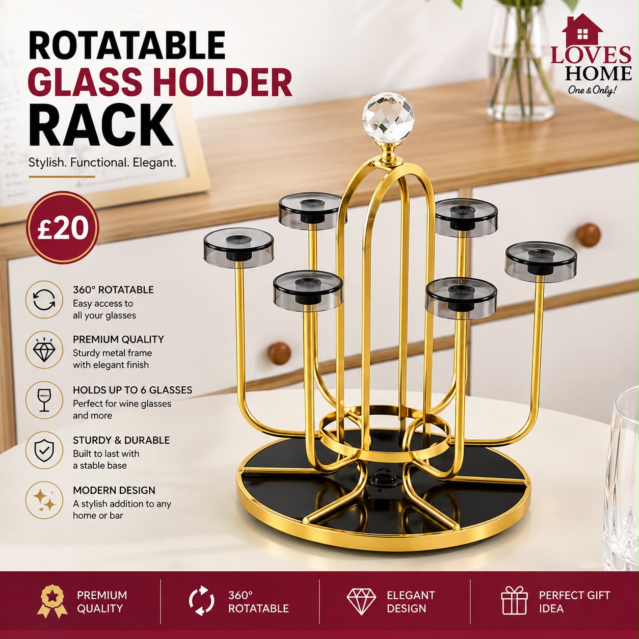 Rotating Glass Holder Rack | 6 Glass Cup Stand | 360° Gold Metal Mug & Tumbler Organiser