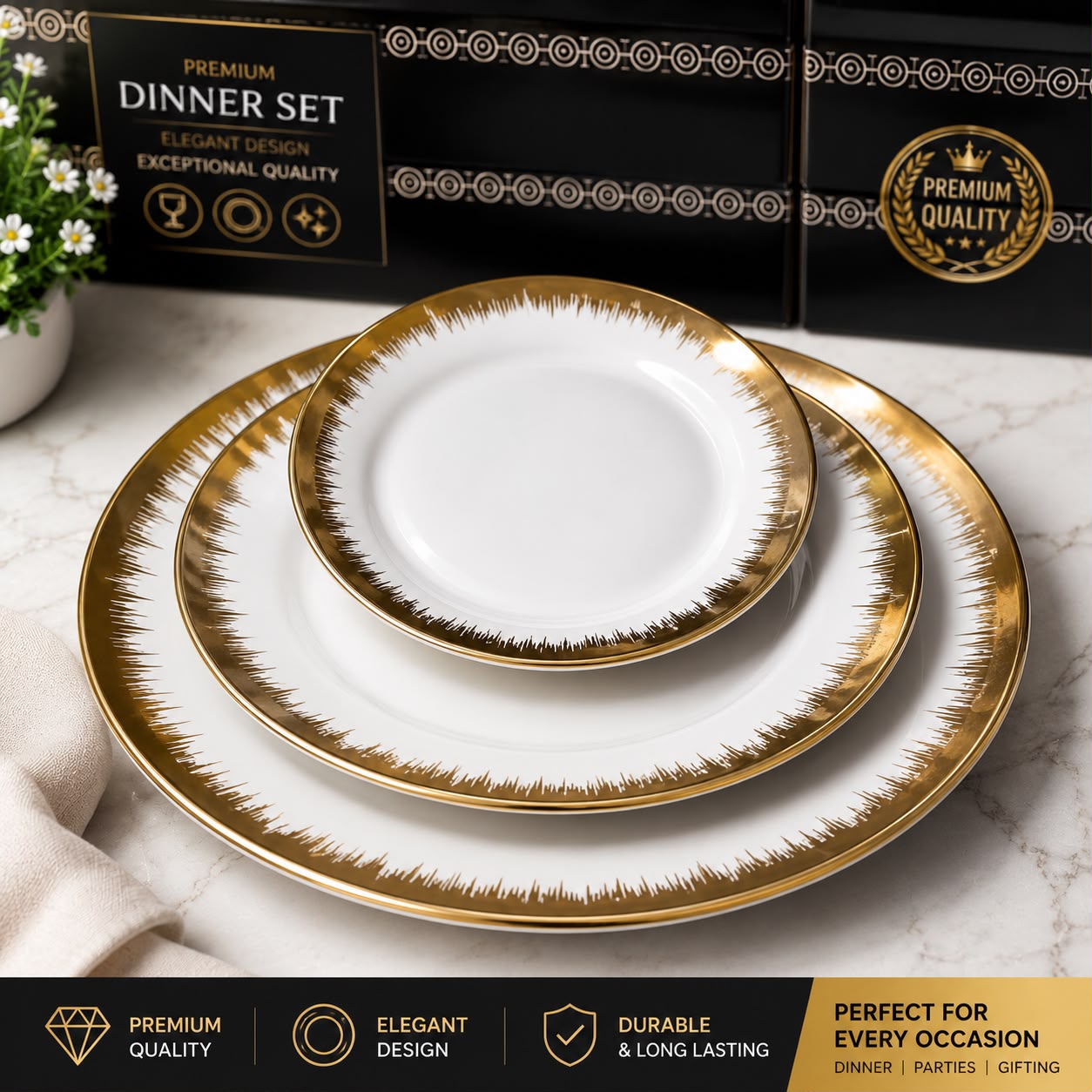 4 Piece Luxury Dinner Plate Set | White & Gold Rim Ceramic Plates | Dining & Entertaining