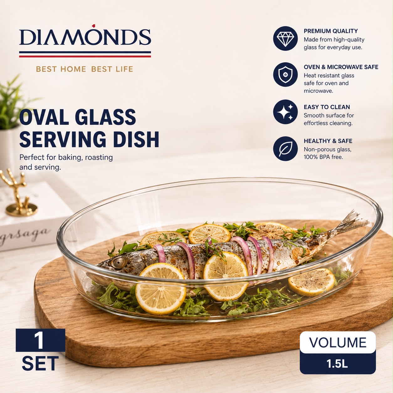 Diamonds Oval Glass Serving Dish 1.5L | Oven, Microwave & Dishwasher Safe Glass Baking & Roasting Dish