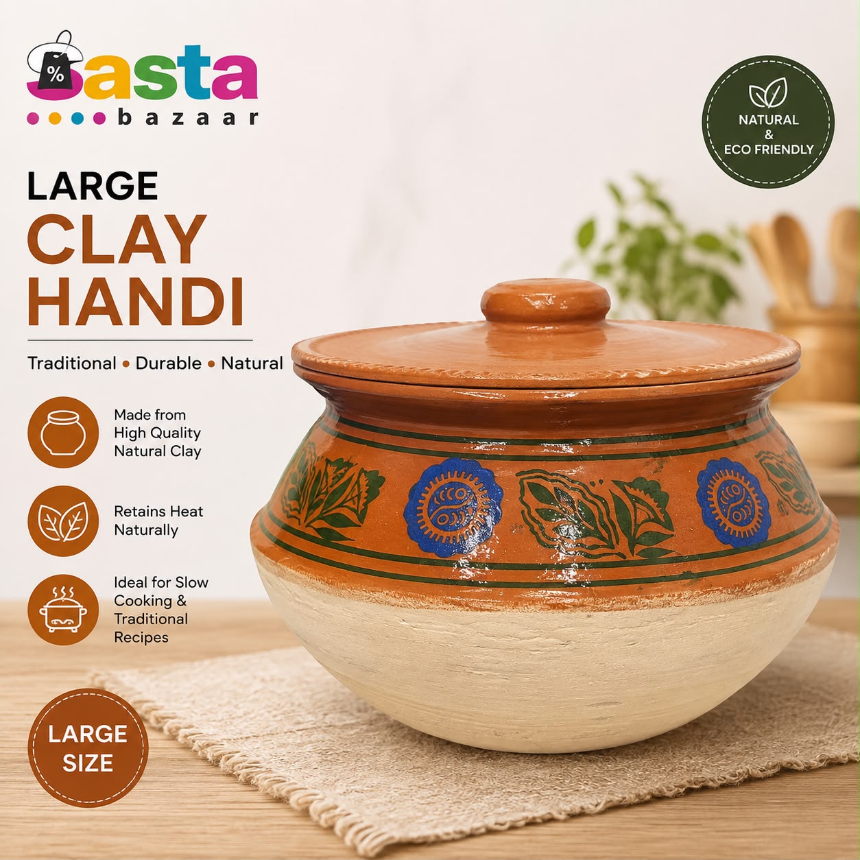 Traditional Large Clay Handi Cooking Pot with Lid | Natural Terracotta Casserole Pot | Slow Cooking & Serving Pot