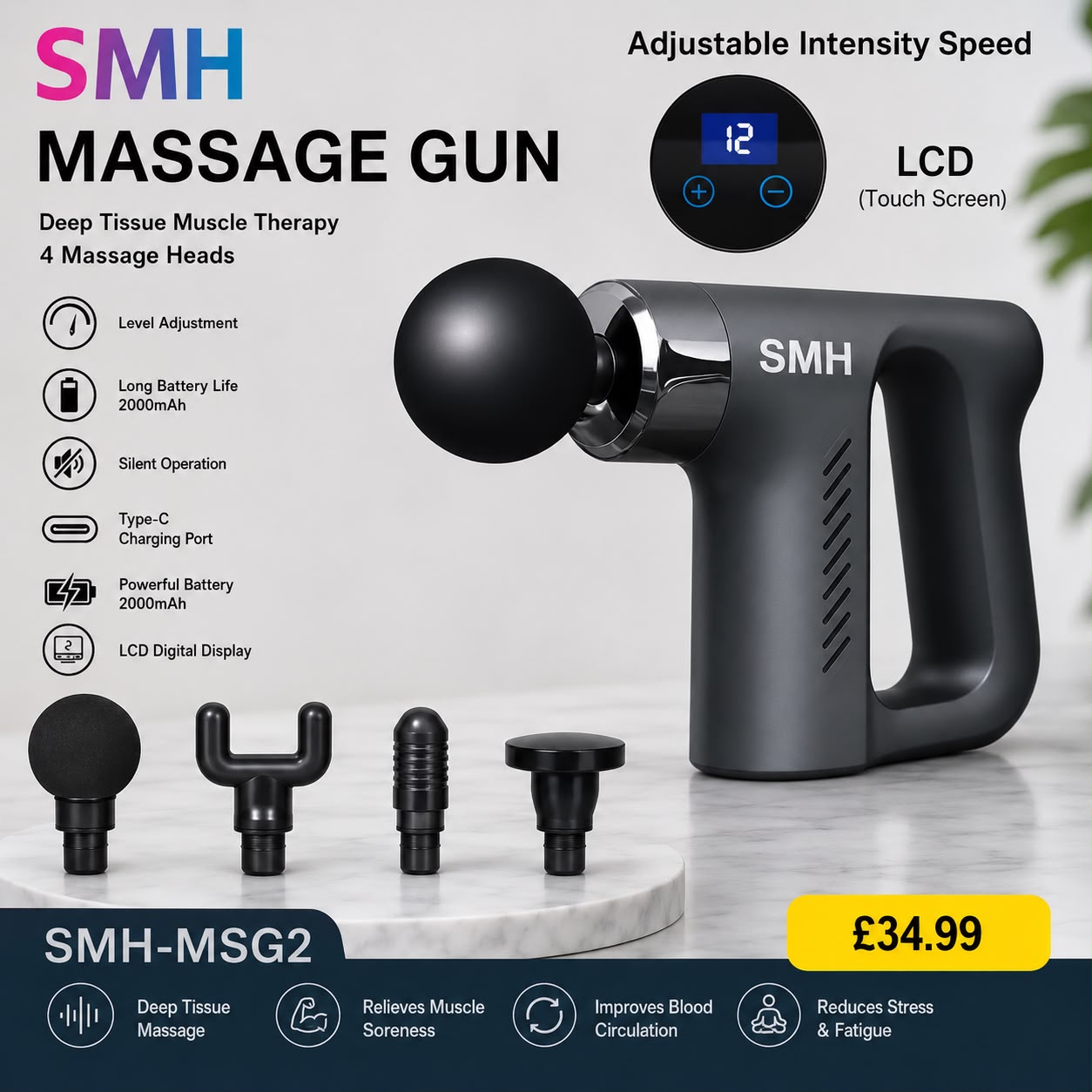 SMH Deep Tissue Massage Gun | LCD Touch Display | 4 Massage Heads | Rechargeable Muscle Therapy Massager