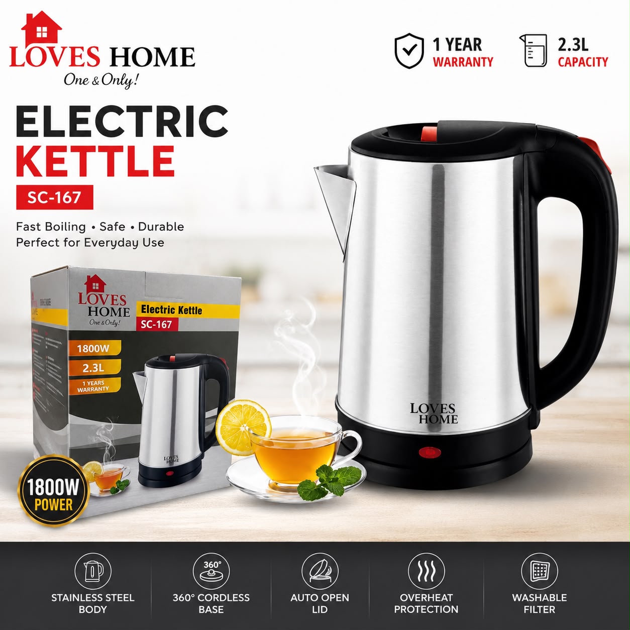 2.3L Stainless Steel Electric Kettle | 1800W Fast Boil Cordless Jug Kettle | Auto Shut-Off | SC-167