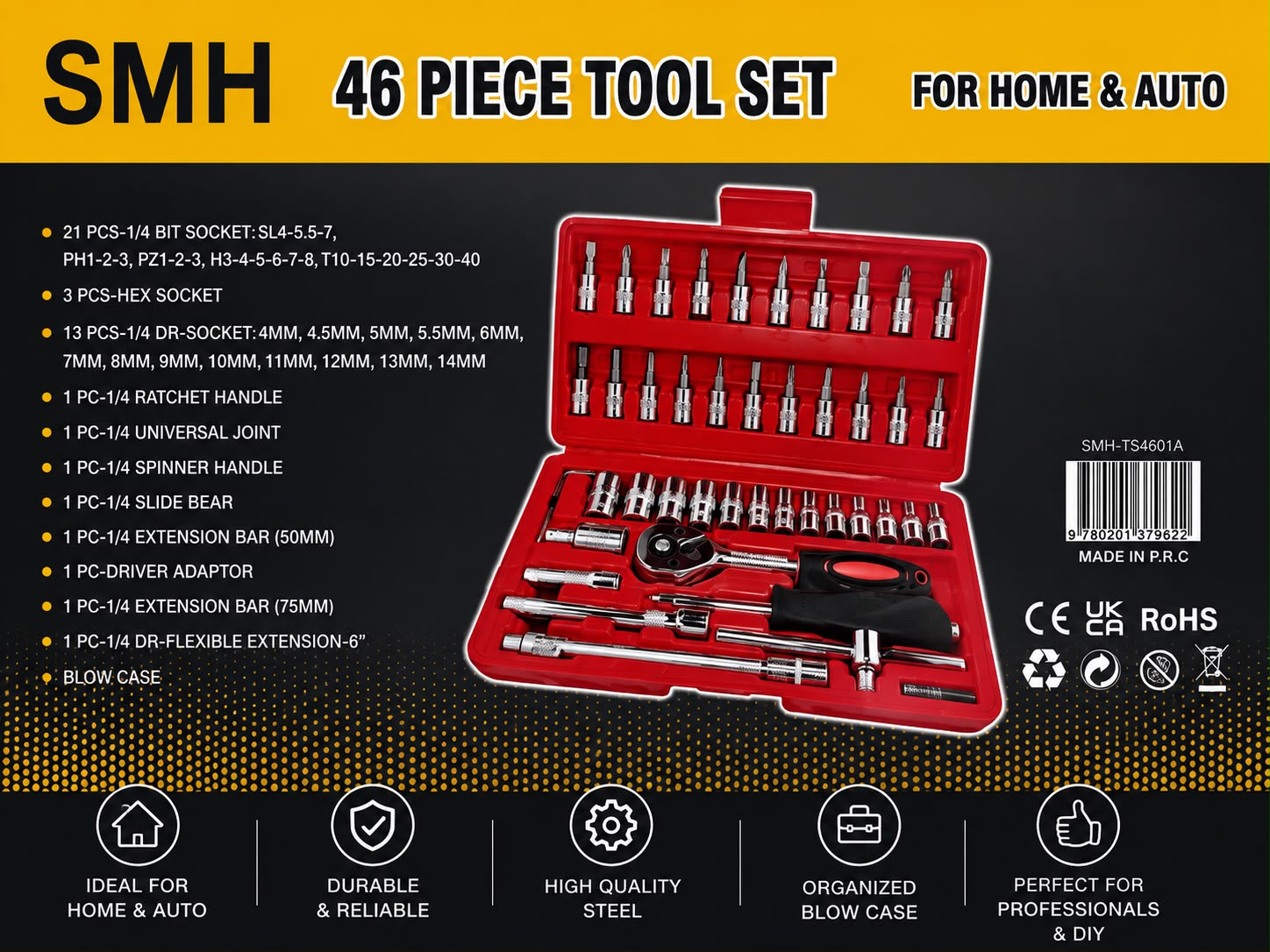 46 Piece Socket & Ratchet Tool Set | Home & Auto Repair Kit | Portable Blow Mould Case