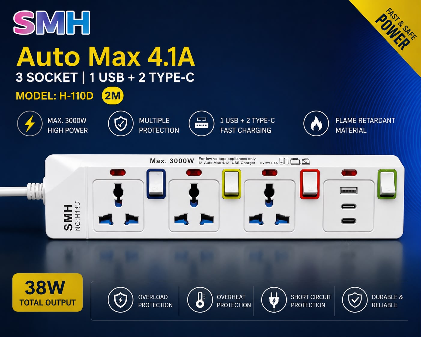 4 Gang Extension Lead with USB & USB-C | 3 Socket Power Strip | 2M Cable | 3000W | Fast Charging