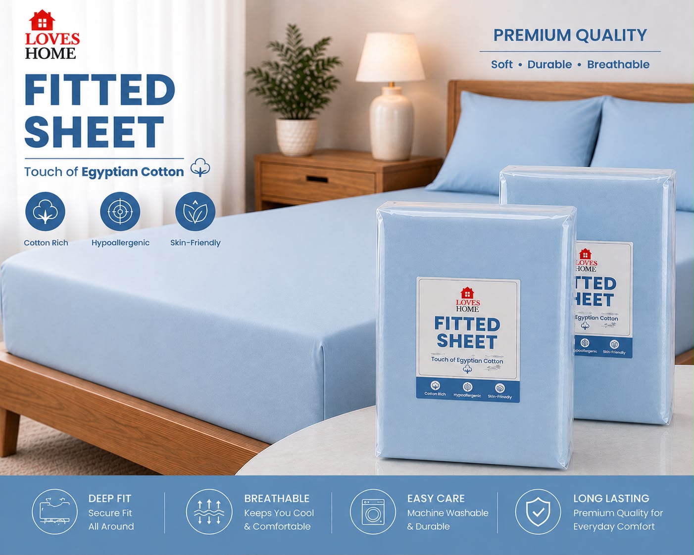 Touch of Egyptian Cotton Fitted Sheet | Deep Fit | Single, Double & King | Soft & Breathable | 2 for £5