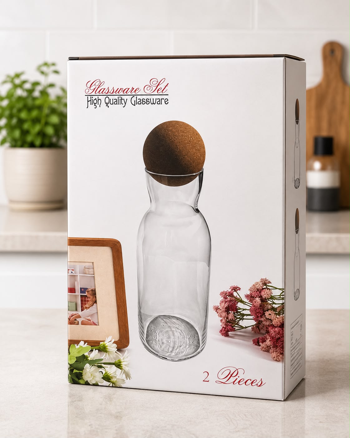2 Piece Glass Water Carafe Set with Cork Ball Stopper | Elegant Glass Bottle Jug Set | 2 Pack