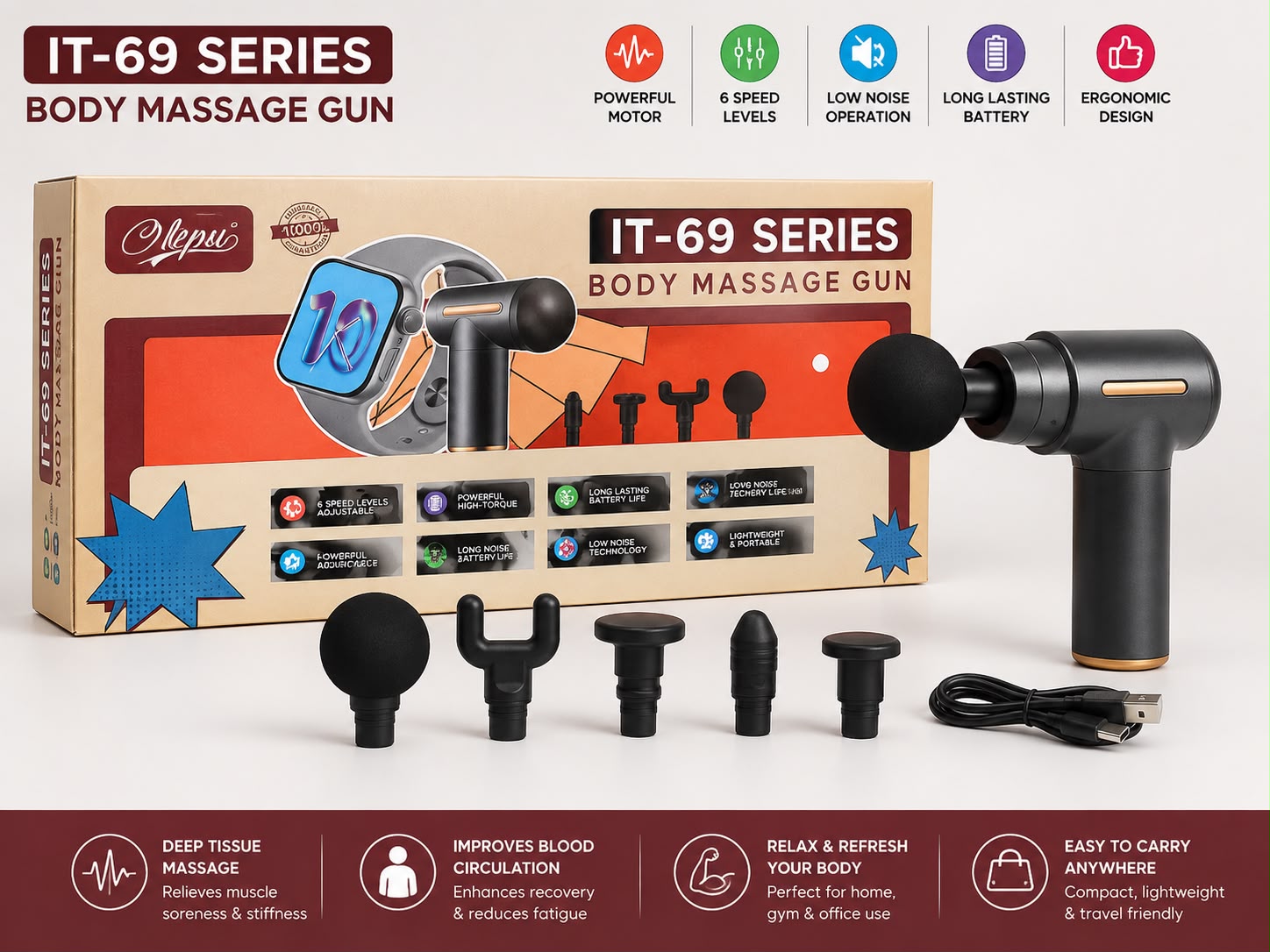 IT-69 Body Massage Gun | Deep Tissue Muscle Massager | 6 Speed Percussion Massage Gun with 6 Heads