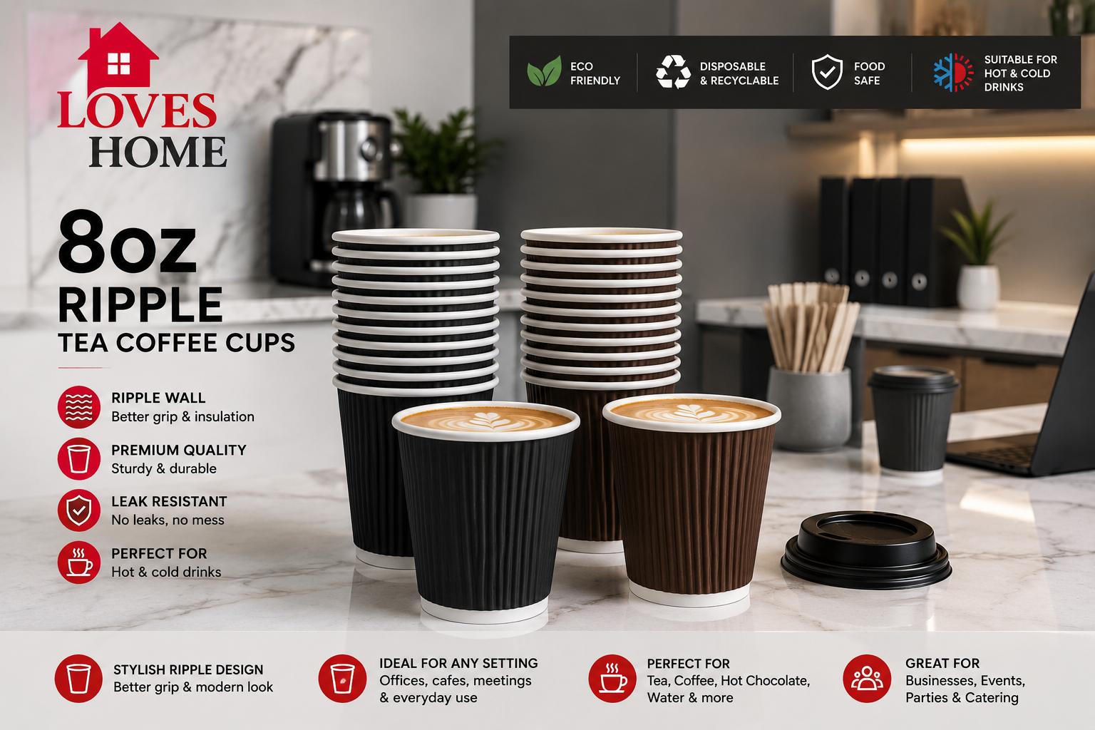 100 x 8oz Ripple Paper Coffee Cups | Disposable Hot Drink Cups | Black or Brown