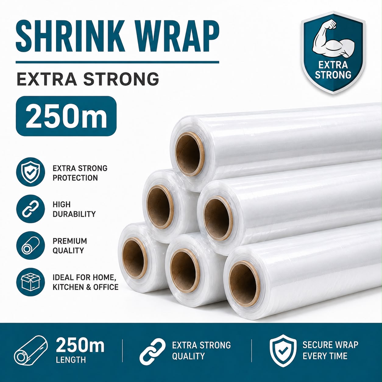 250m Extra Strong Clear Shrink Wrap Roll Heavy Duty Stretch Film for Pallets, Packing, Moving, Storage & Parcel Wrapping | Single Roll or Box of 6 | Sasta Bazaar