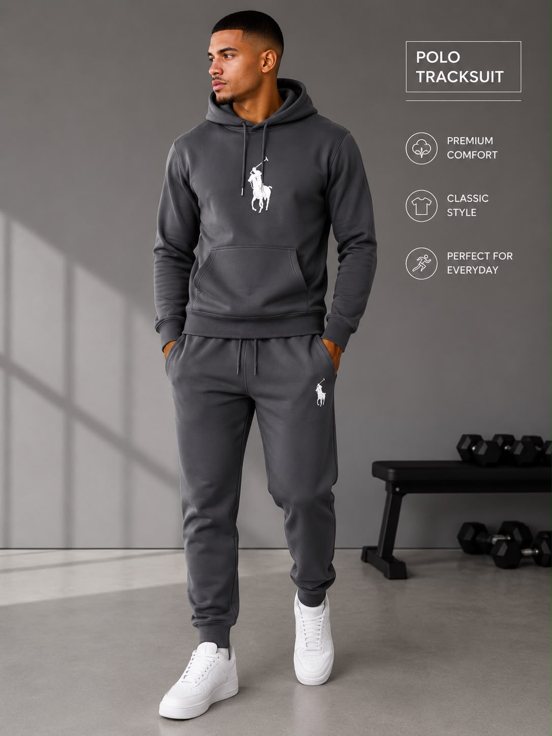 Men's Polo Hooded Tracksuit Set | Hoodie & Joggers Matching Tracksuit | Fleece Lined | Grey, Navy Blue & Black | S-XL | Sasta Bazaar