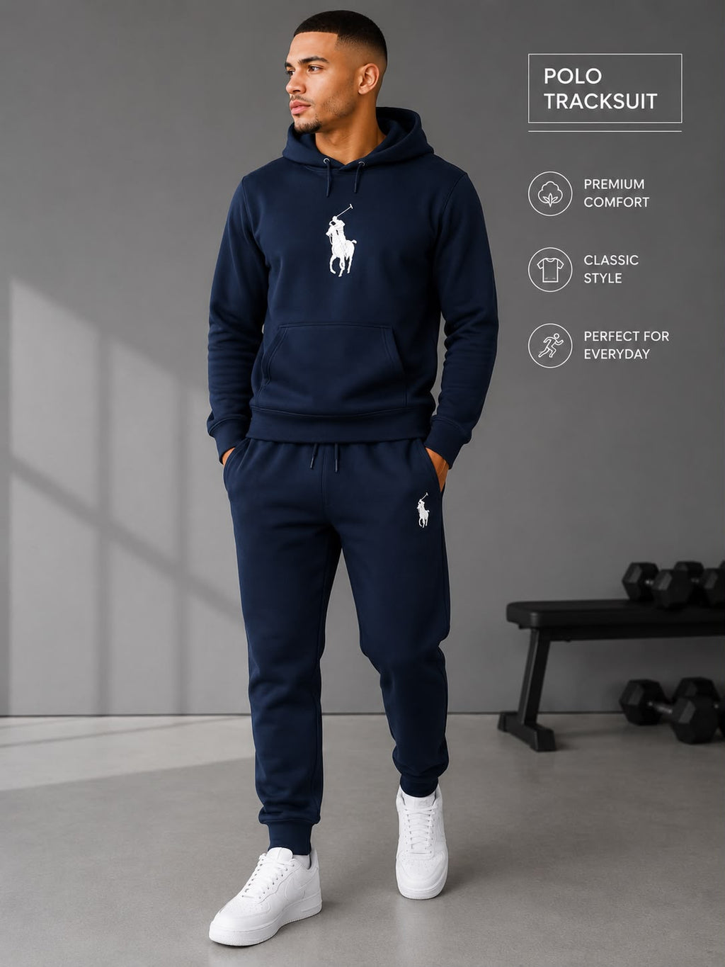 Men's Polo Hooded Tracksuit Set | Hoodie & Joggers Matching Tracksuit | Fleece Lined | Grey, Navy Blue & Black | S-XL | Sasta Bazaar