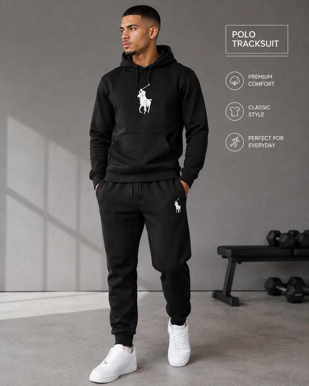 Men's Polo Hooded Tracksuit Set | Hoodie & Joggers Matching Tracksuit | Fleece Lined | Grey, Navy Blue & Black | S-XL | Sasta Bazaar
