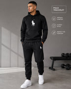 Men's Polo Hooded Tracksuit Set | Hoodie & Joggers Matching Tracksuit | Fleece Lined | Grey, Navy Blue & Black | S-XL | Sasta Bazaar