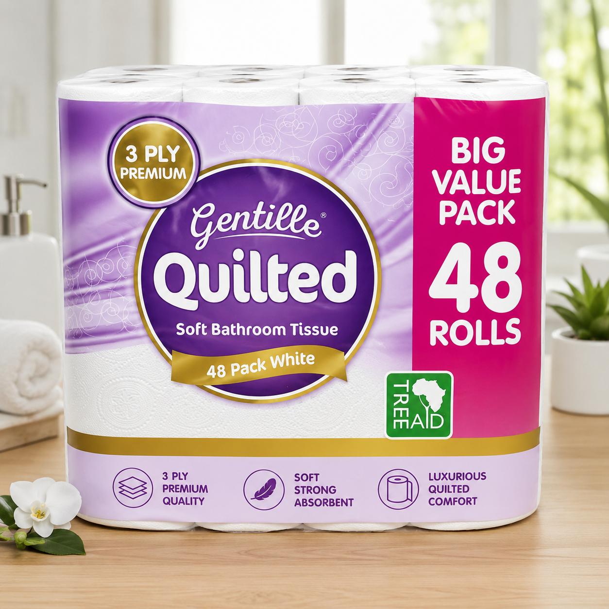 Gentille Quilted 3 Ply Premium Toilet Roll 48 Pack | Soft Strong Absorbent Bathroom Tissue | Big Value Family Pack | White Toilet Paper Rolls