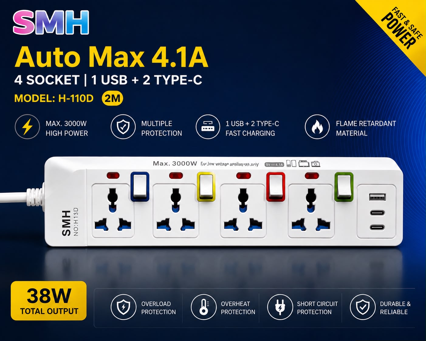 SMH 4 Socket Extension Lead with USB & Dual USB-C Fast Charging | 2 Metre Extension Cable | 3000W Power Strip | 38W USB Output | Surge Protection | Model H-110D