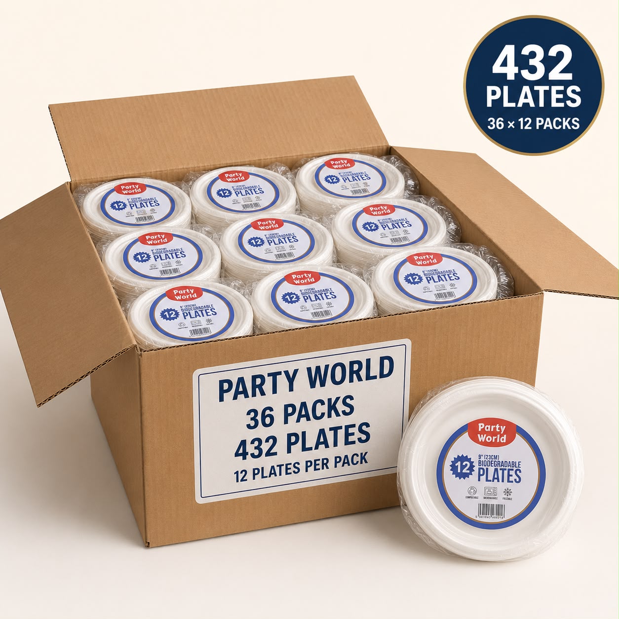 432 Large Biodegradable Disposable Plates | Bulk Catering Pack | 36 Packs x 12 Plates | 9 Inch White Party Plates for Events, Catering & BBQs